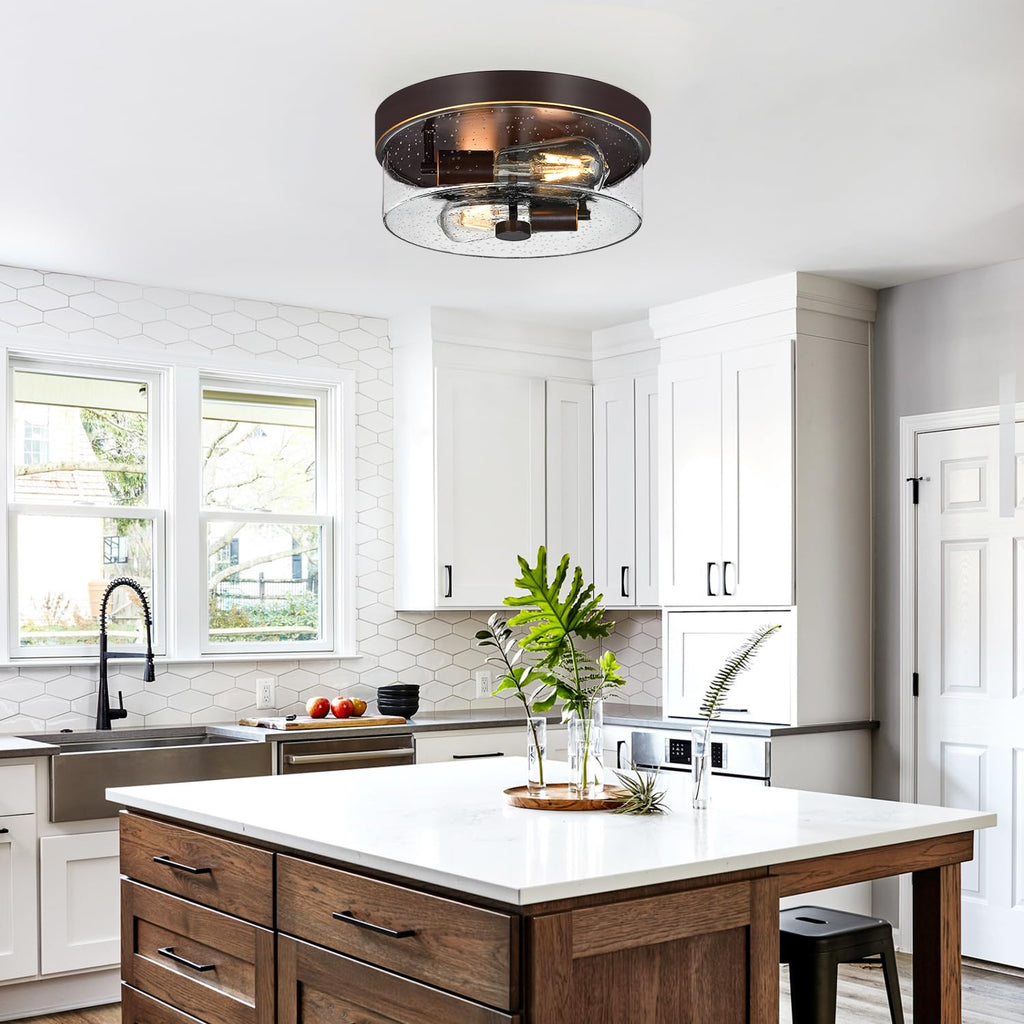 Flush Mount Ceiling Light Fixtures, 2-Light Oil Rubbed Bronze Ceiling Mount for Farmhouse with Seeded Glass
