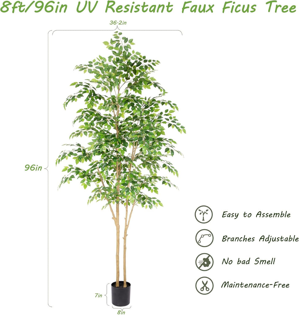 Tall UV Resistant Ficus Tree Artificial,8ft(96in) Realistic Texture Potted Faux Ficus Tree, Fake Trees Indoor Outdoor