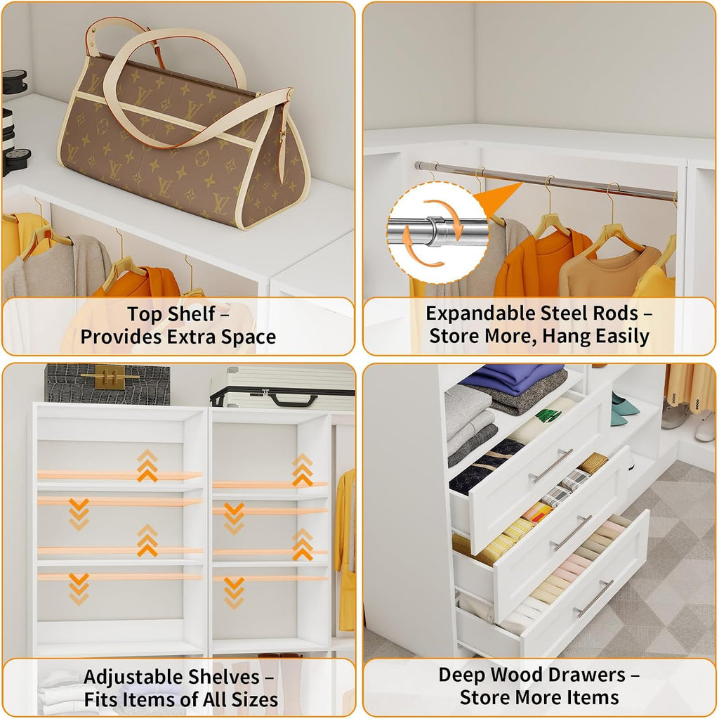 Closet System with 3 Sets, 6.5-16FT Corner Closet Organizer System with 6 Drawers & 11 Shelves & 6 Hanging Rods