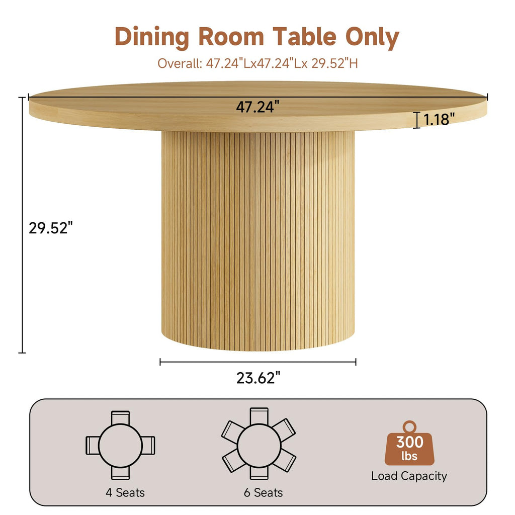 47" Round Dining Table, Circle Fluted Kitchen Table Only Oak