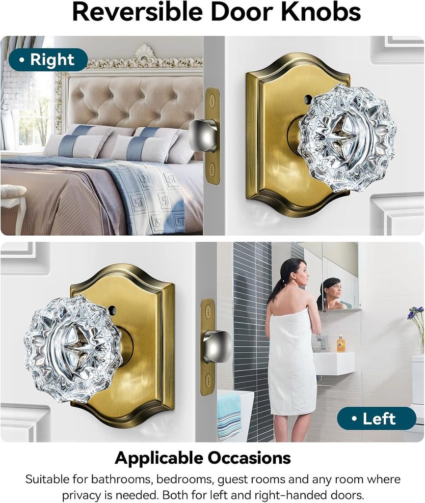 Glass Door Knobs, Privacy Vintage Brass Door Knobs, 6 Pack