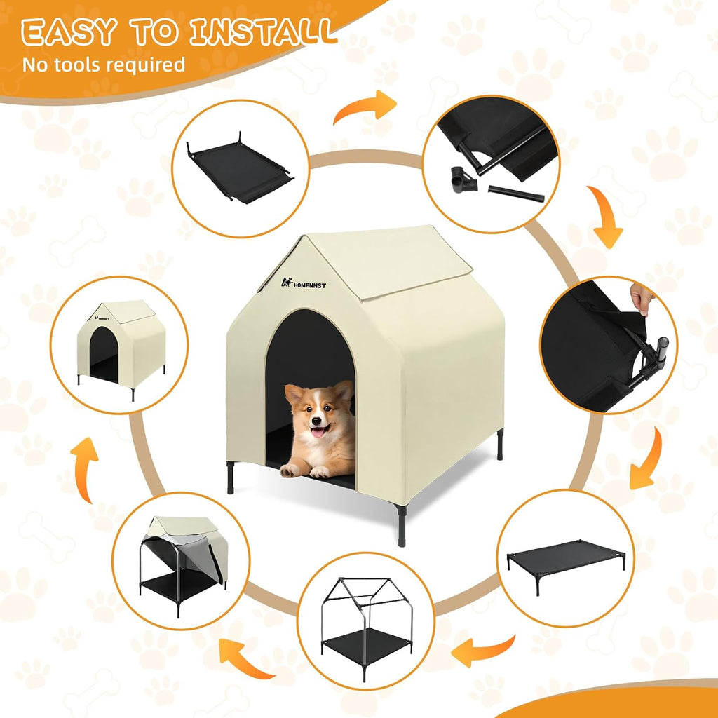 Outdoor Dog House, 2-in-1 Dog House for Small/Medium Dogs, Thicken Weatherproof Canopy Puppy Shelter Elevated Dog Bed