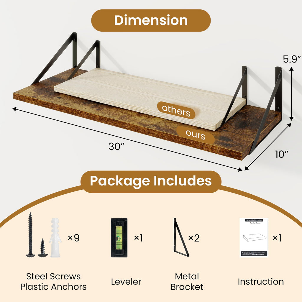 Deep Floating Shelves for Wall, 30" Wx10 D Wood Floating Shelf Set of 2, Sturdy Metal Bracket Wide Display &