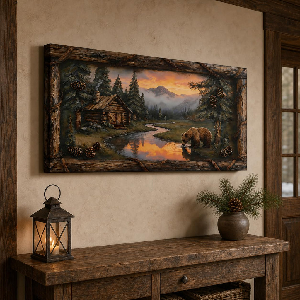Extra Large Cabin Wall Art, Bear Lake Sunset Canvas Wall Decor with Faux Rustic Border, Mountain Lodge Wildlife