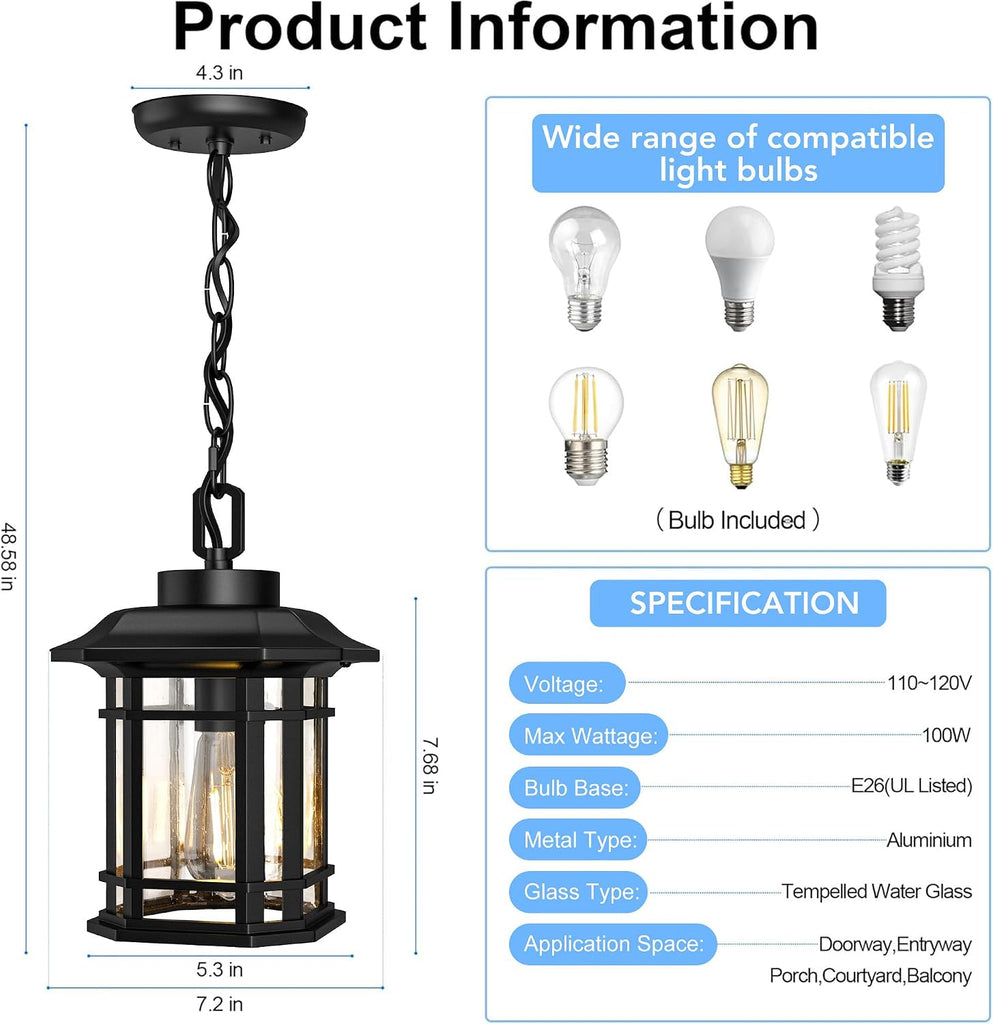 Outdoor Pendant Light Fixture, Exterior Hanging Lights, Hanging Lantern with Adjustable Chain