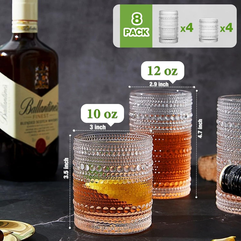 Vintage Hobnail Drinking Glasses Set of 8, 12 oz Highball Glasses & 10 oz Cocktail Glasses Set, Kitchen Water Glasses