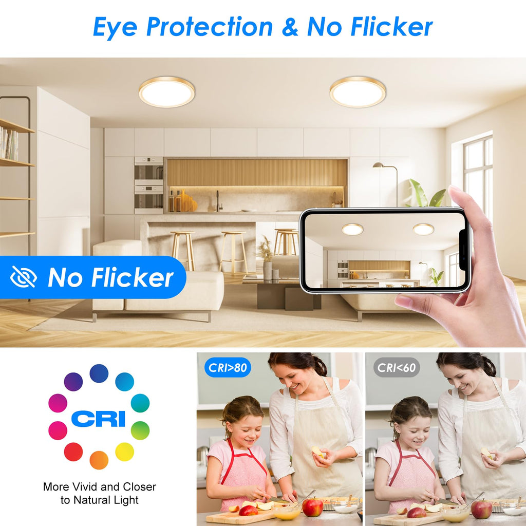 12 Inch LED Ceiling Light Gold, 24W Slim Flush Mount Ceiling Light 3000K/4000K/6500K Adjustable, Modern Round Ceiling