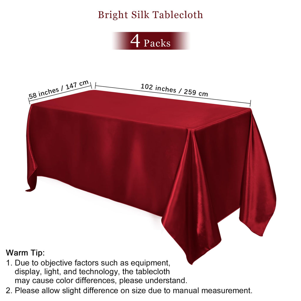 4 Pack Burgundy Satin Tablecloth 102 x 58 Inch Overlay Table Cover