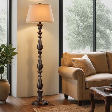 65.5'' Vintage Floor Lamp, Antique Tall Floor Lamp with Linen Shade, Traditional Retro Resin Carved Standing Lamp