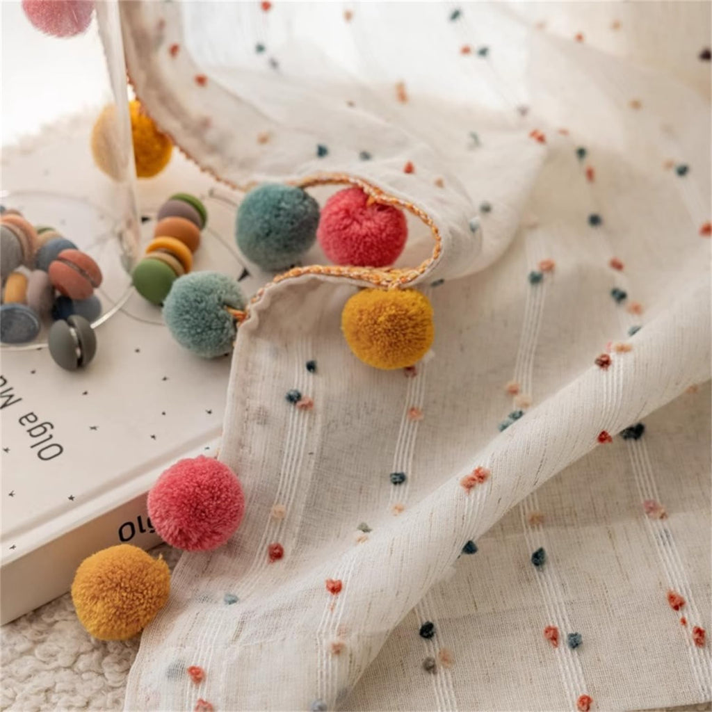 Boho Rainbow Sheer Curtain with Colorful Pom Pom Voile Drapes Faux Linen