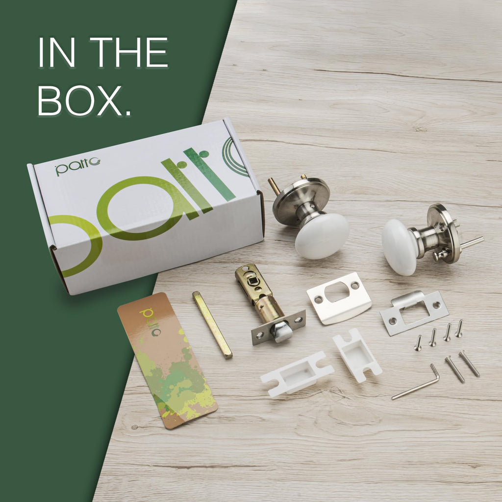 White Door Knob, Nickel Porcelain Door Handle with Push Lock for Bath