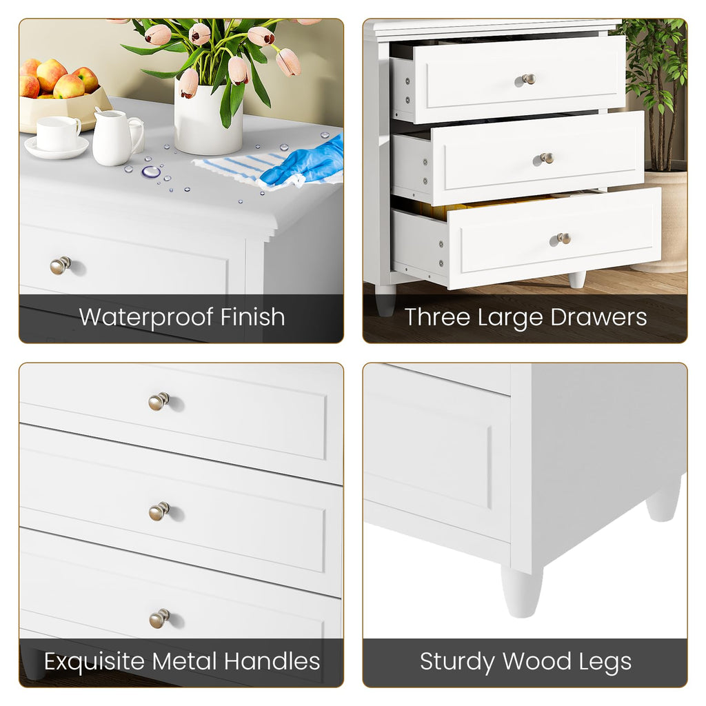 White Nightstand, 3 Drawer Night Stand, 22 Inch Wider Side Table with Storage, Rattan Boho Bedside Table, End Table