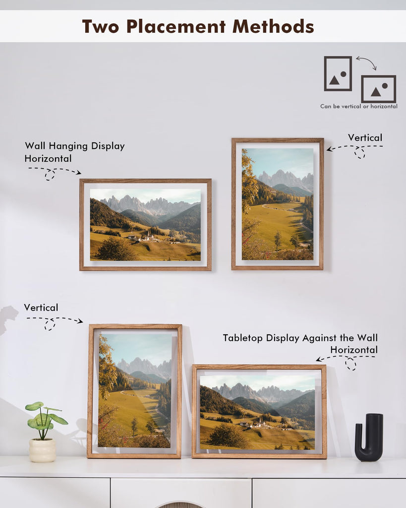 13x19 Floating Picture Frame for 11x17/11x14 Photos, 2-Pack Solid Wood Double Plexiglass Wall Art Frames, Any Size