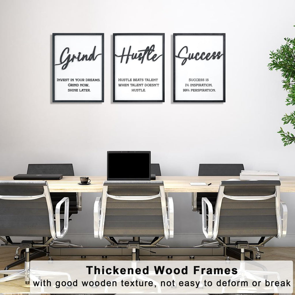 3D Wood Inspirational Office Wall Decor, 36" x 16" Framed Grind Hustle Success Motivational Wall Art, Positive Quotes
