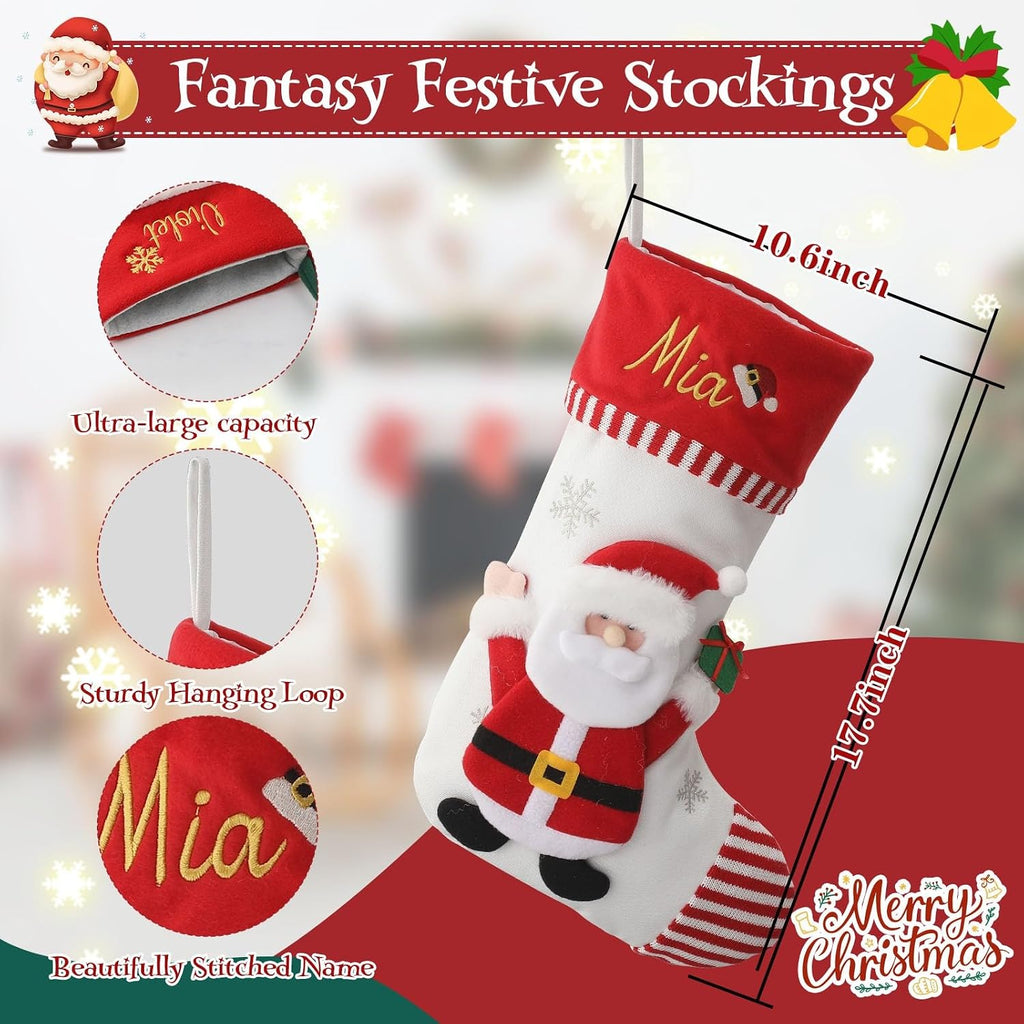 Christmas Family Stockings with Embroidery Names, 3D Xmas Characters Santa,Snowman,Reindeer & Penguin , Fireplace