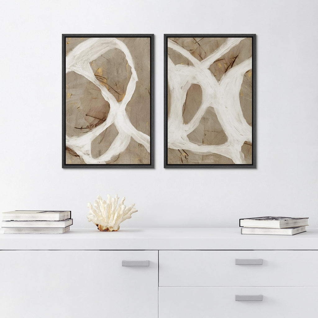 Framed Canvas Print Wall Art Set Abstract White and Beige Brushstrokes on Neutral Illustrations Modern Art Decorative