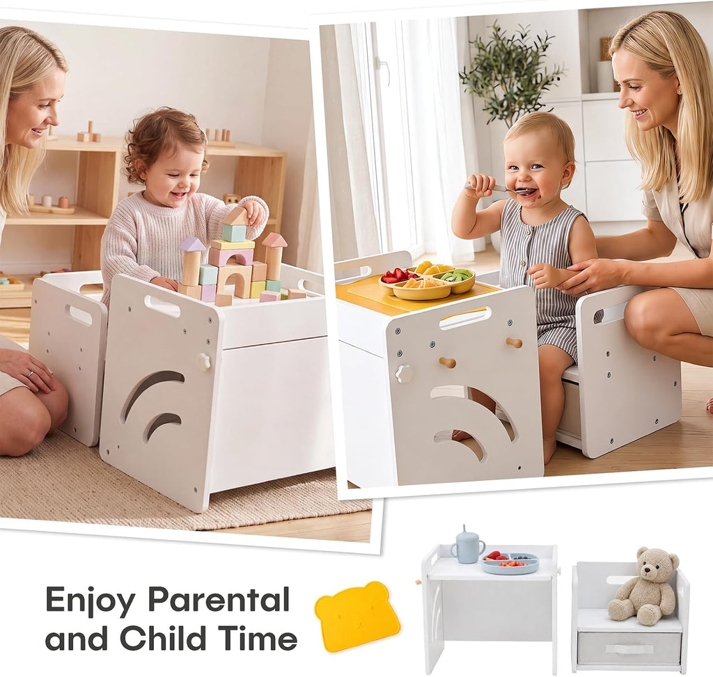 Kids Table and Chair Set with Storage Box & Table Mat - Adjustable Toddler Weaning Table, Wood Kids Furniture for 1-3