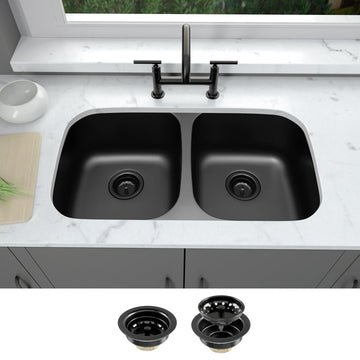 32 Inch Black, Double Bowl, Undermount Stainless Steel, Black Oval with Sleek Roun Corner for Easy Cleaning and Two