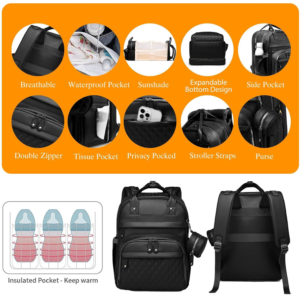 Diaper Bag with Changing Station, Waterproof 3 in 1 Diaper Backpack with Foldable Changing Pad, Large Travel Backpack
