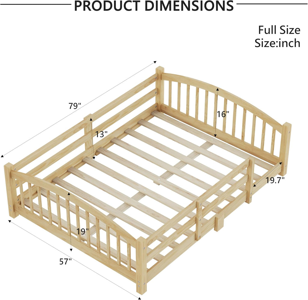 Montessori Floor Bed with Safety Fence, Solid Wood Floor Bed Frame for Boys Girls, Wooden Slats Support, No