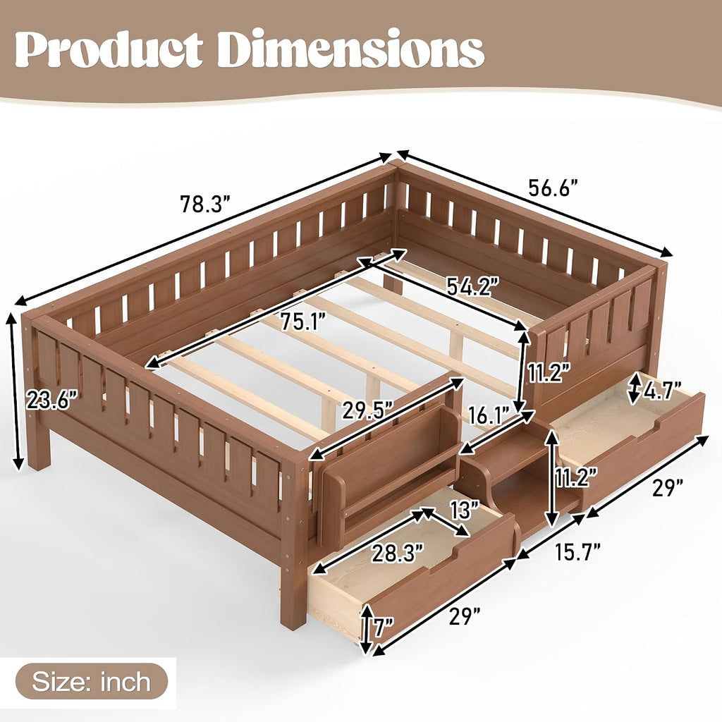Full Floor Bed with Stairs, Rails and Slats, Full Size Montessori Floor Bed with Bookshelf and 2 Storage Drawers