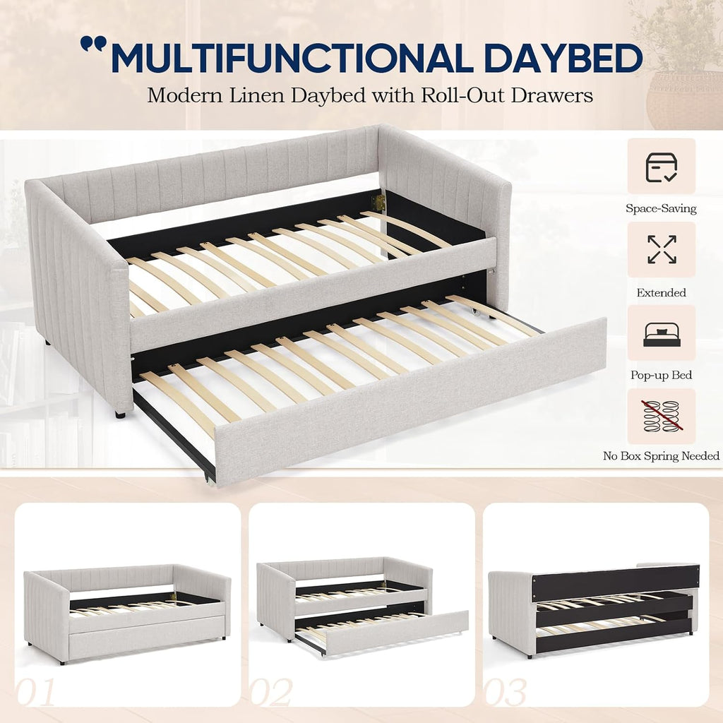 Daybed with Trundle, Modern Linen Full Size Day Bed with Pull Out Trundle Bed, Upholstered Sofa Bed with Stripes