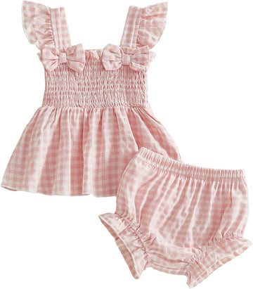 Baby Girl Clothes Infant Summer Outfits Set Plaid Ruffle Sleeve Shirt Tops and Bloomers Shorts