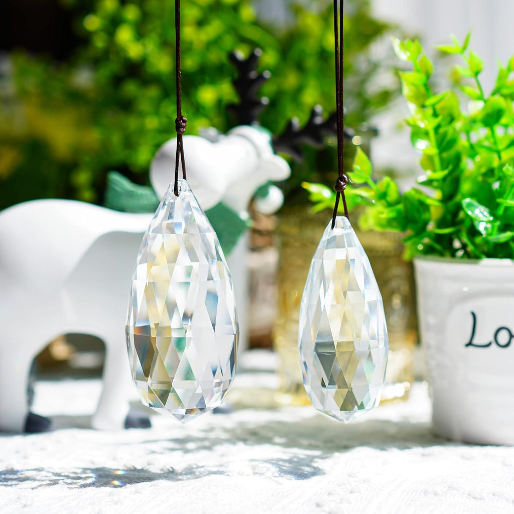 Set 2 Crystal Prism Clear Faceted Glass Olive Prisms Chandelier Crystal Hanging Ornaments for Christmas Tree DIY