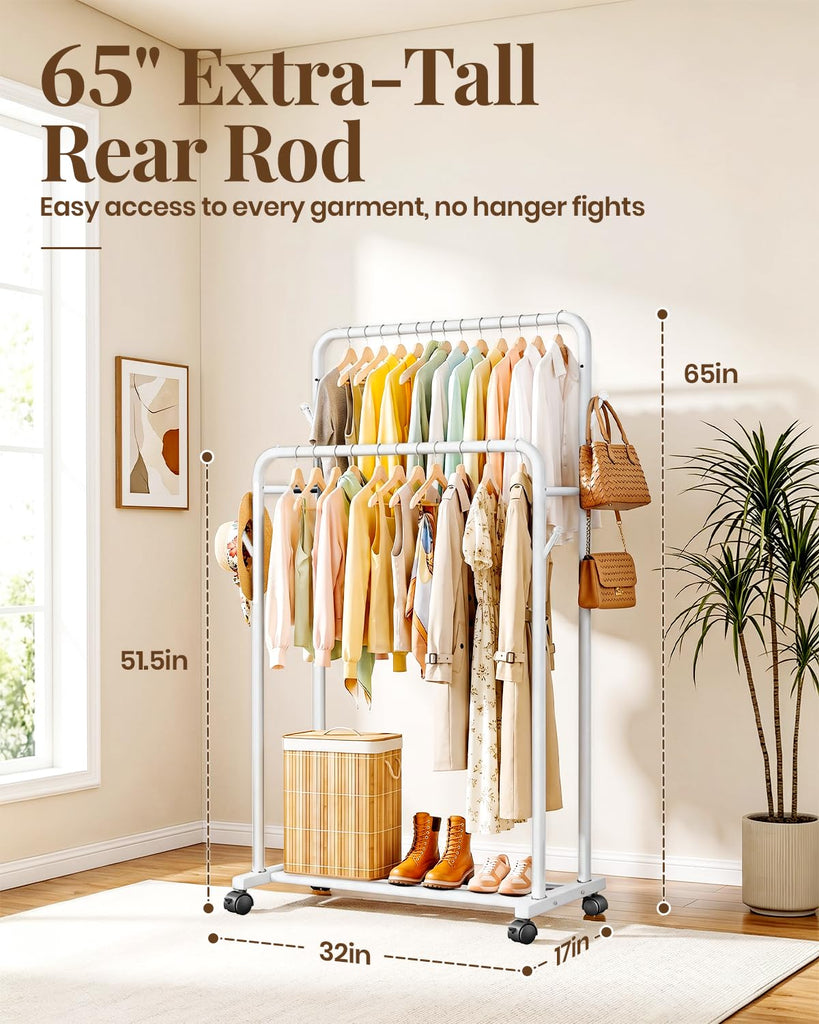 Double Rods Clothing Rack for Hanging Clothes, Portable Wardrobe Closet Rack, Metal Garment Rack with Rolling Wheels