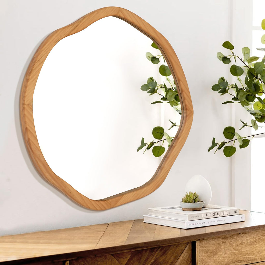 Irregular Round Wood Mirror 30 Inch, Natural Wall Mirror