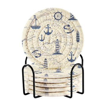 Nautical Lighthouses Drink Coasters Set - 6 Pcs Minimalist Woven Coasters with Holder Decor, 3.94 Inch Absorbent