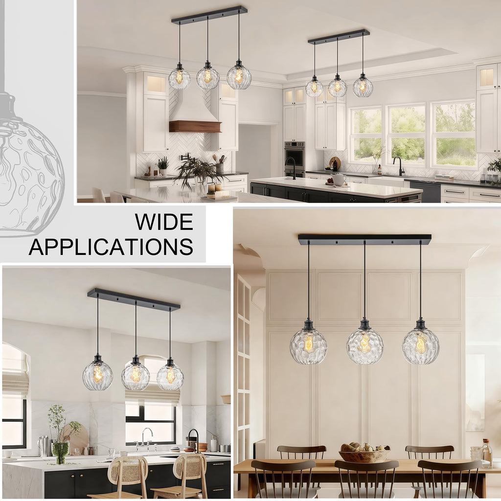 3 Light 31.5" Black Linear Pendant Lights with Clear Hammered Glass Shade