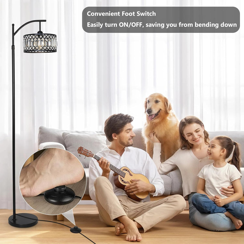 Crystal Floor Lamps, Modern Arc Floor Lamp, Black Standing Lamp with Edison Bulb, Height Adjustable Tall Lamp