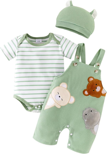 Baby Boy Clothes Newborn Striped Romper Bear Overall Hat Set