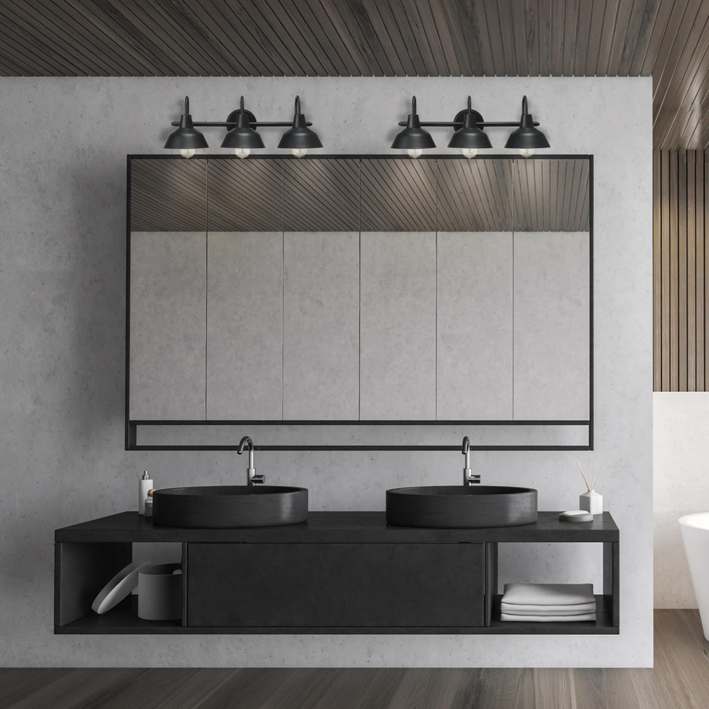 Barnyard 3-Light Vanity Light, Matte Black, White Interior Shades