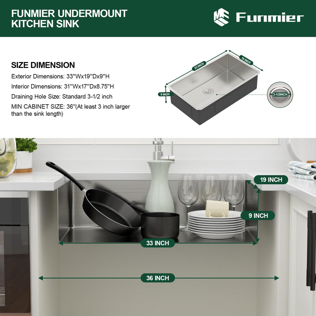33 Inch Undermount Kitchen Sink - 33 x 19 Undermount Kitchen Sinks Stainless Steel 16 Gauge Single Bowl Under Mount