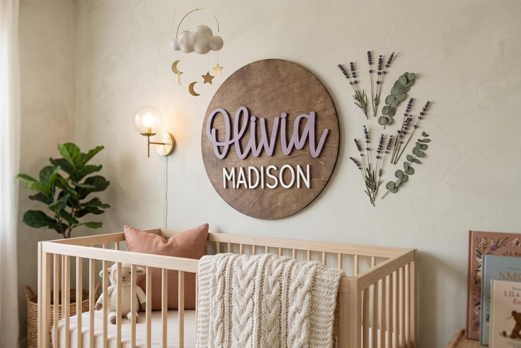 Personalized Round Nursery Name Sign, Custom 3D Wooden Name Announcement Sign, Wood Name Sign Plaque, 3D Wall Art