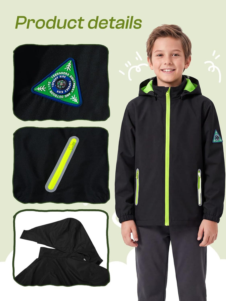 Kids Waterproof Rain Jacket Mesh Lined with Removable Hood