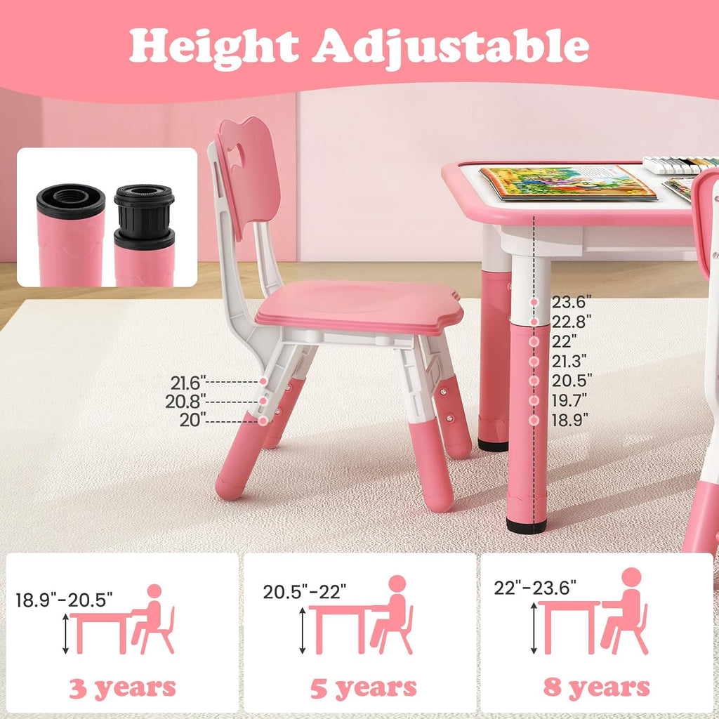 Kids Table and Chiar Set, Height Adjustable Toddler Desk and 4 Chairs with Graffiti Desktop Non-Slip Legs, Large 47"