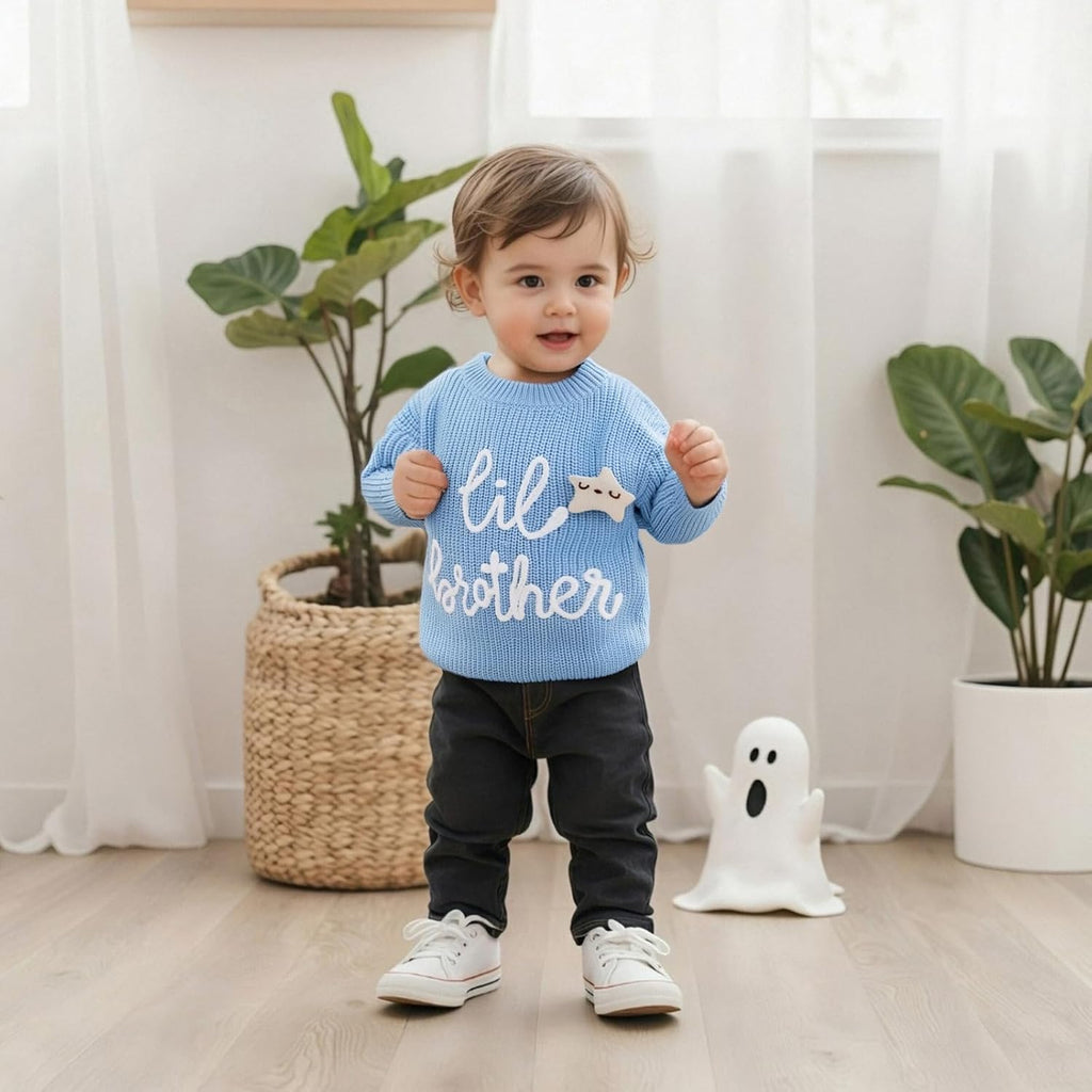 Newborn Baby Boy Knit Sweater Outfit Little Lil Brother Long Sleeve Letter Embroidery Top Sweatshirt Infant Fall