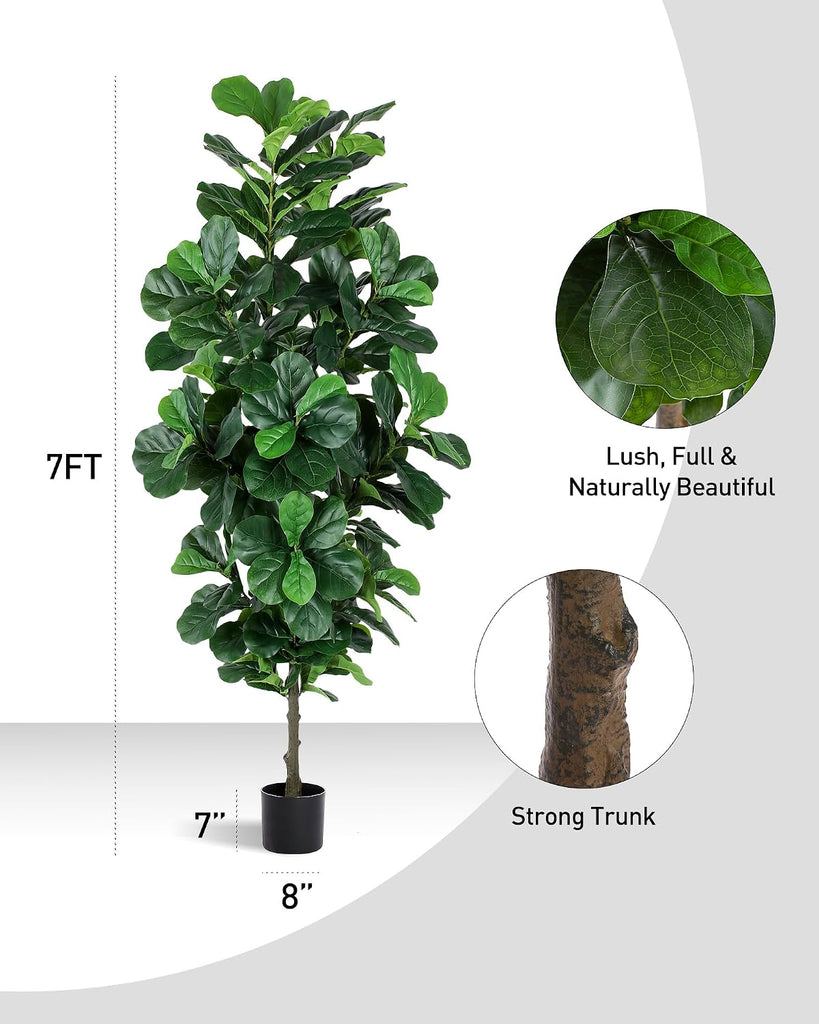 Fiddle Leaf Fig Tree 7ft Tall Artificial Tree in Plastic Pot Fake Ficus Lyrata Plants with 184 Decorative Fiddle
