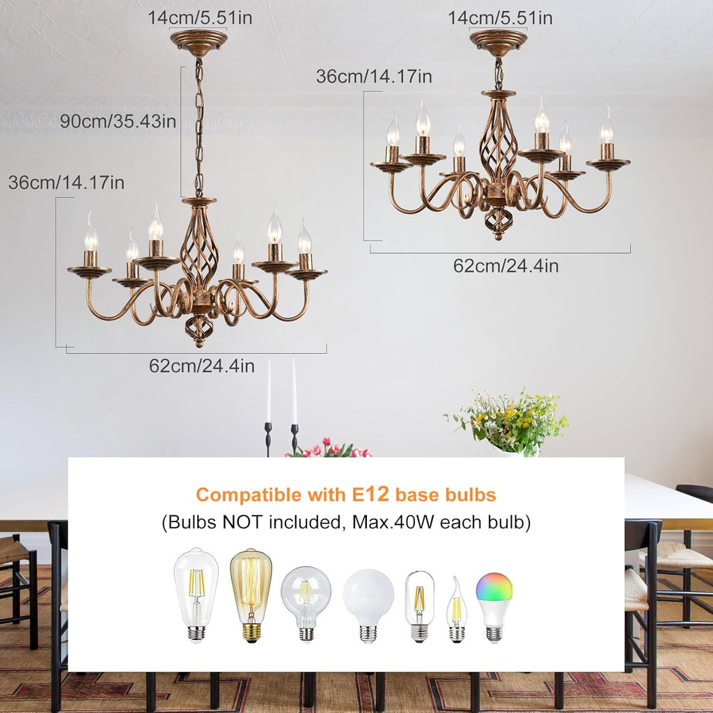 French Country Chandeliers, 6 Lights Rustic Vintage Metal Pendant Light Fixture Hanging Light for Farmhouse, Kitchen Island, Dining Room, Living Room, Antique Bronze E12 Base A109-B0DSB6FD98
