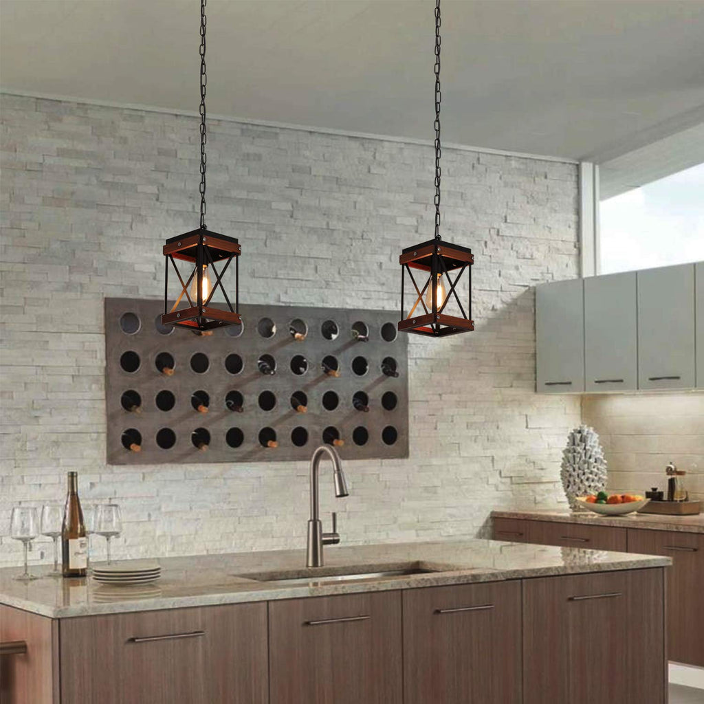Rustic Farmhouse Plug in Pendant Light with 15ft Cord, On/Off Switch, Wood & Metal Cage Adjustable Chains Industrial