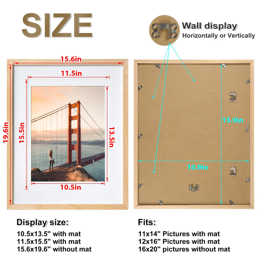 16x20 Picture Frame Natural - Solid Wood Frames with Acrylic Plexiglass for Pictures 12x16 / 11x14 with Mat or 16x20