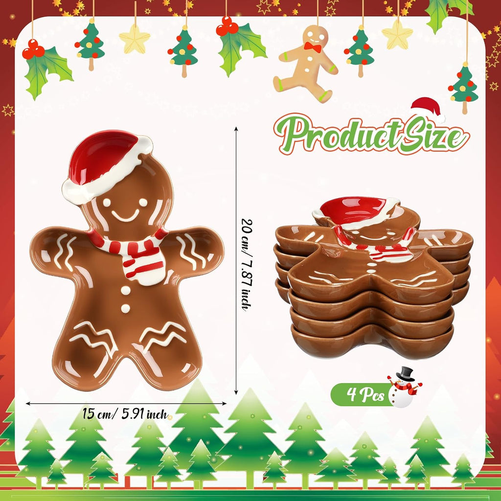 4 Pcs 5.91'' Gingerbread Plates Ceramic Christmas Candy Dishes
