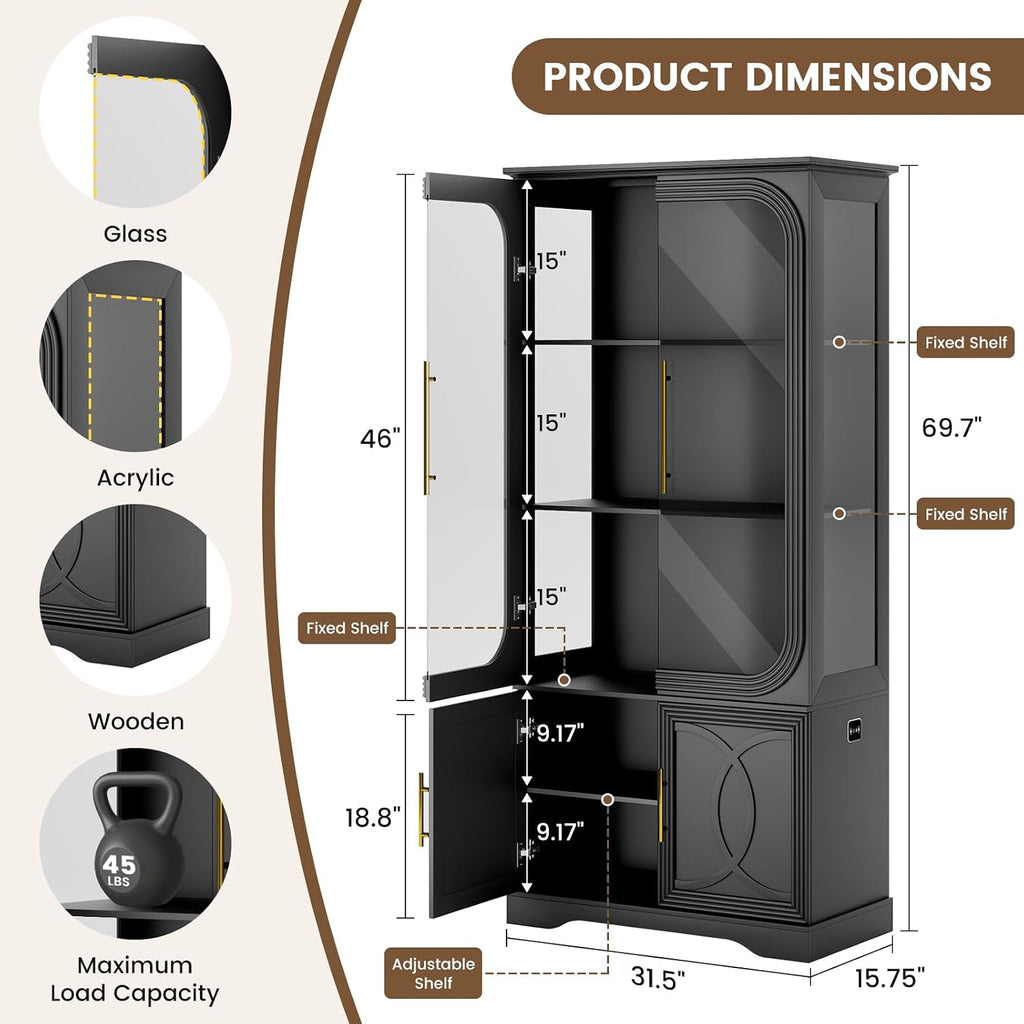 69 in Tall Display Cabinet with Glass Doors, LED Lights | 5 Tier Modern LED Display Bookcase Storage Cabinet, Human
