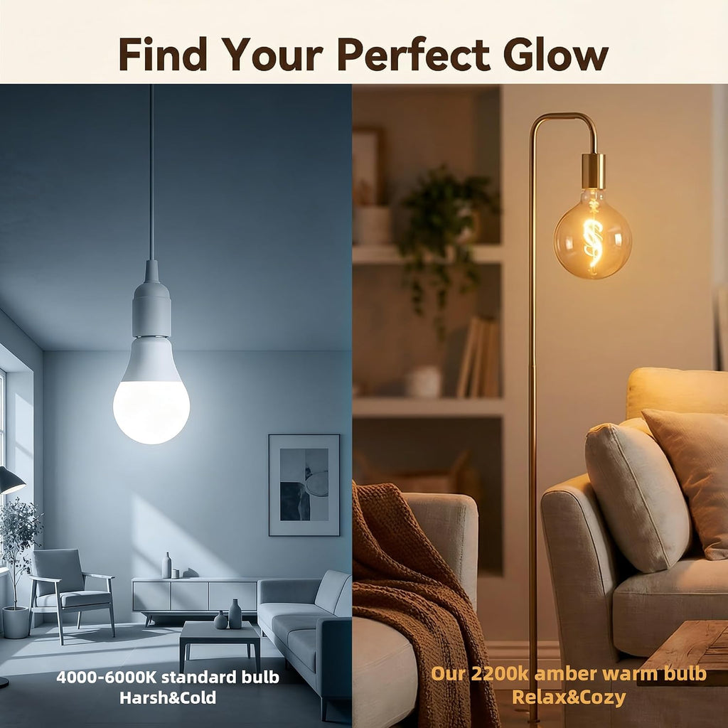 Oversized LED Edison Bulb, Amber 4W 2200K Dimmable E26 Globe 2PK