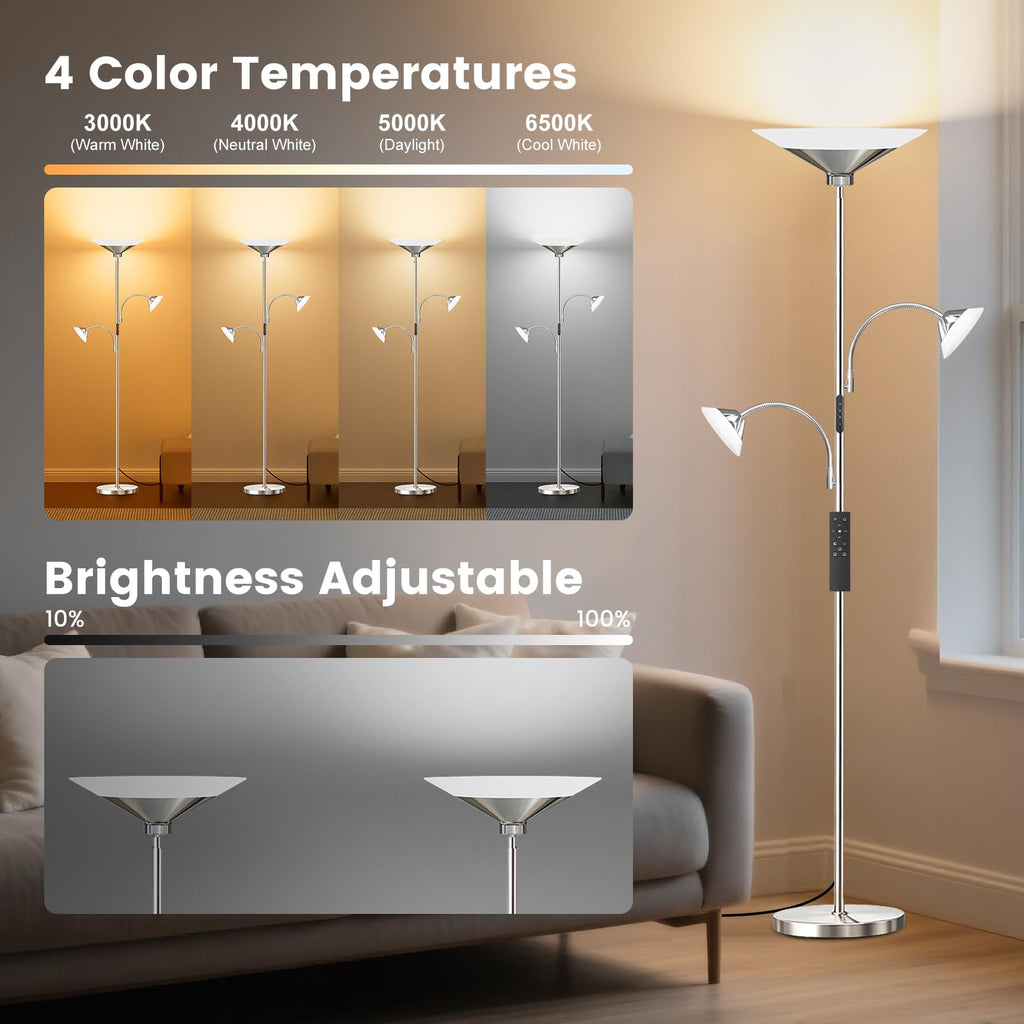 42W 3-Light Torchiere Floor Lamp, LED Tree Standing Lamp