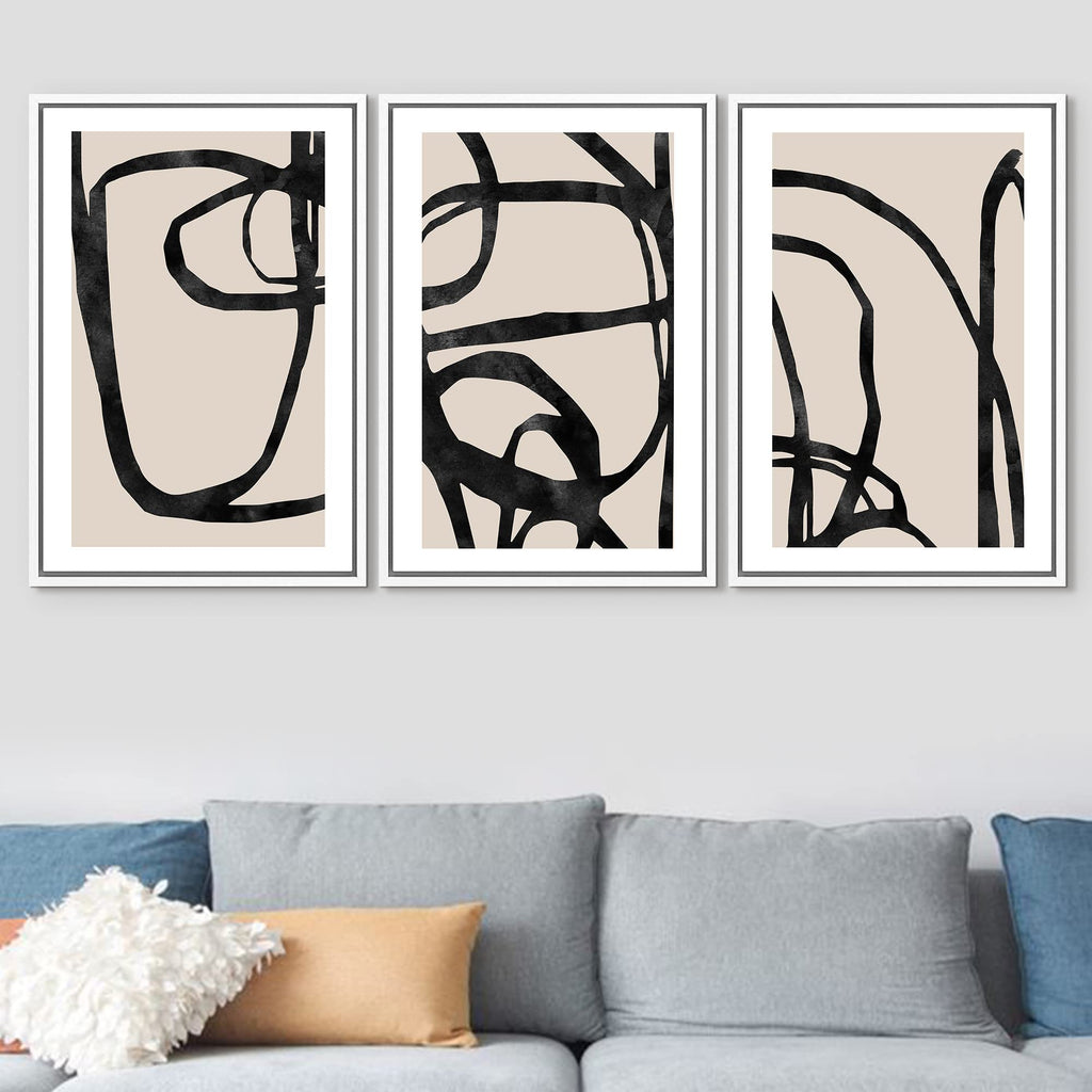 Framed Canvas Print Wall Art Set Mid-Century Black Tan Line Collage Abstract Shapes Illustrations Modern Art Bohemian