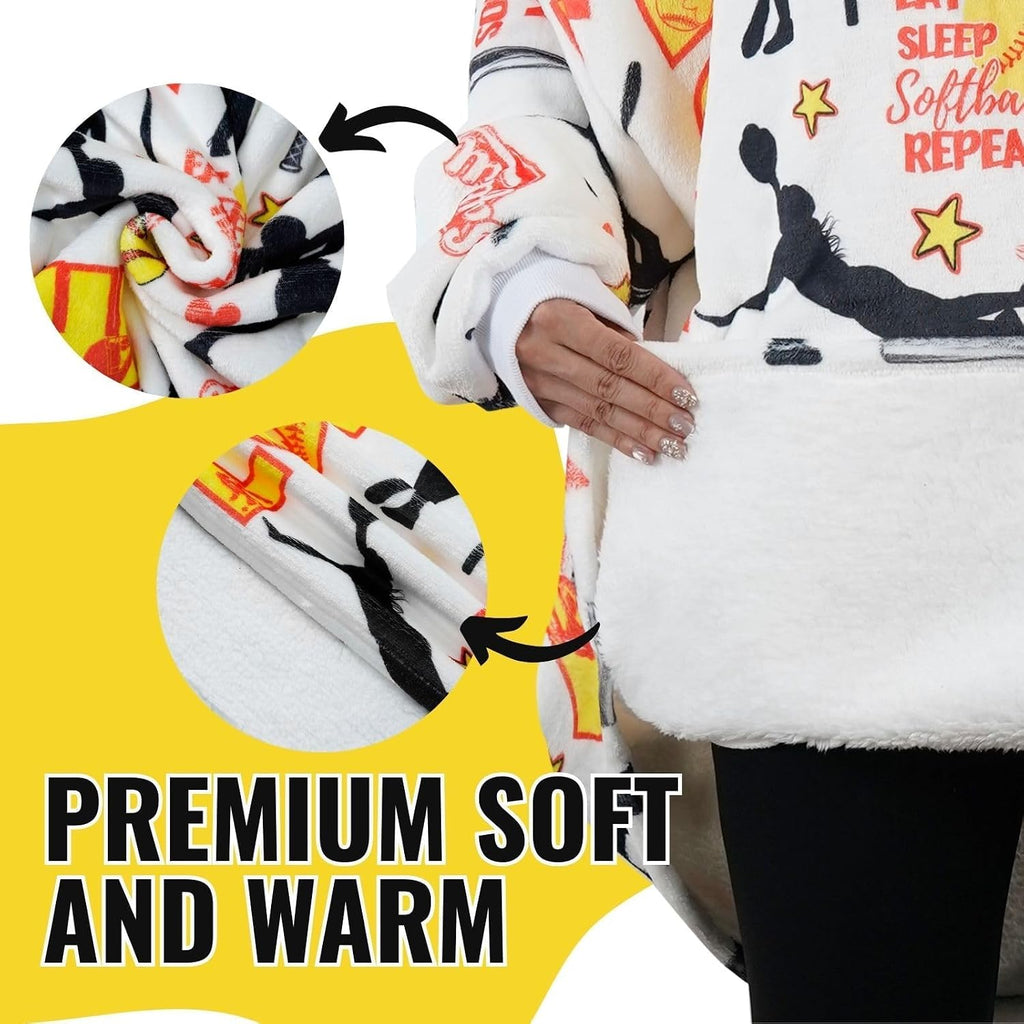 Softball Gifts, Wearable Oversized Blanket Hoodies | Softball Blanket for Women, Flannel Hooded Blankets, One Size